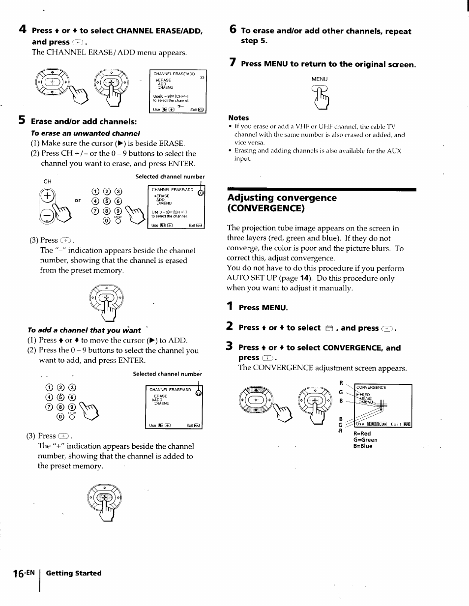 Erase and/or add channels, 7 press menu to return to the original screen, Notes | Adjusting convergence (convergence), 1 press menu, 2 press 4 or 'f to select id , and press, 3 press 4 or 4 to select convergence, and press gd | Sony KP-61S65 User Manual | Page 16 / 82