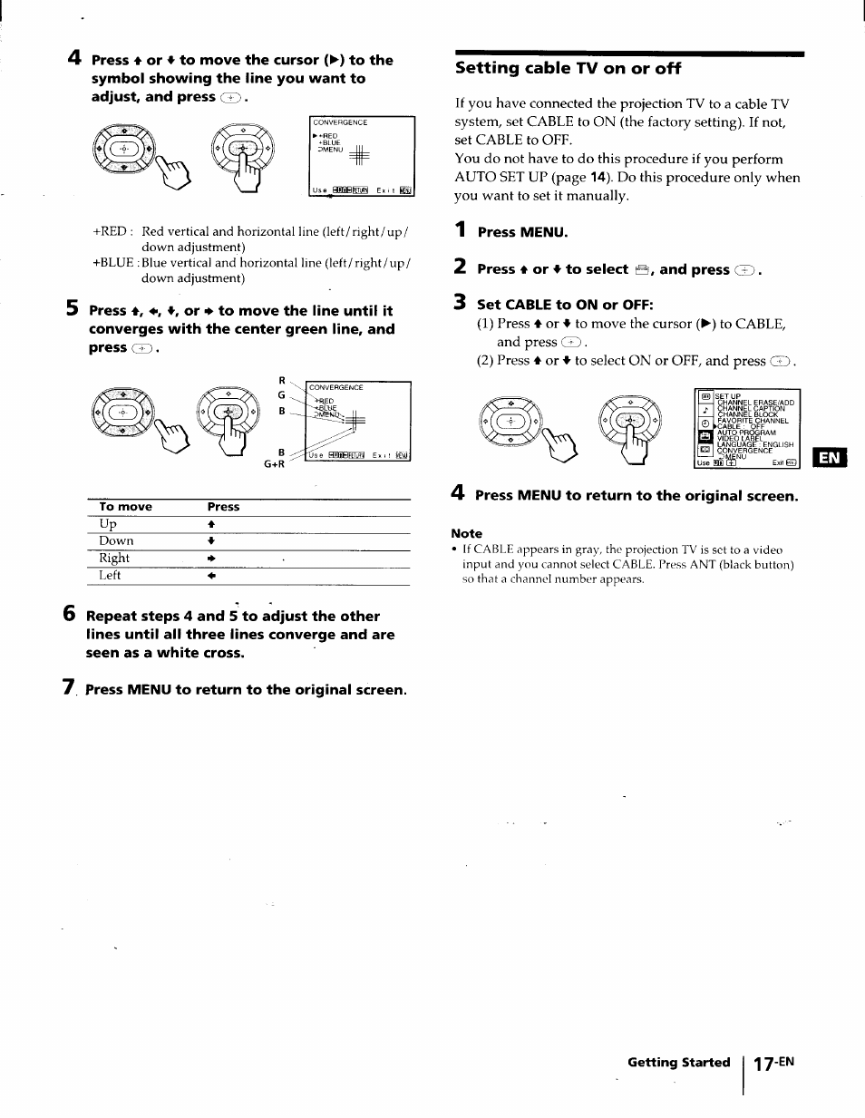 Setting cable tv on or off, Note, A, and | Gd. 3 | Sony KP-61S65 User Manual | Page 17 / 82