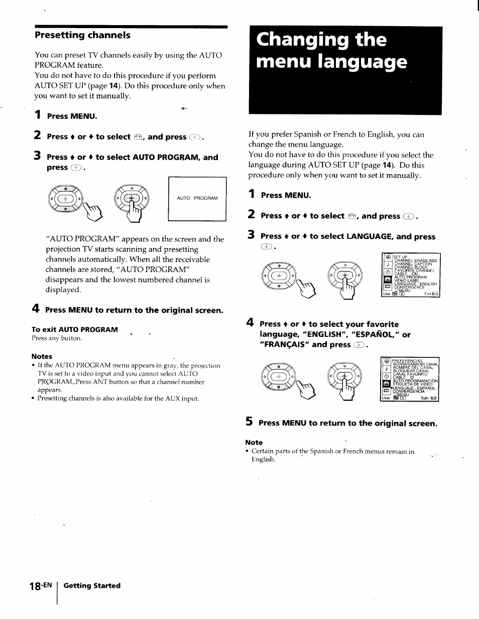 Presetting channels, 1 press menu, 2 press ♦ or ♦ to select and press (t) | 3 press 4 or to select auto program, and press gd, 4 press menu to return to the original screen, To exit auto program, Notes, Changing the menu language, 2 press 4 or 4 to select e, and press gd, 3 press 4 or 4 to select language, and press | Sony KP-61S65 User Manual | Page 18 / 82