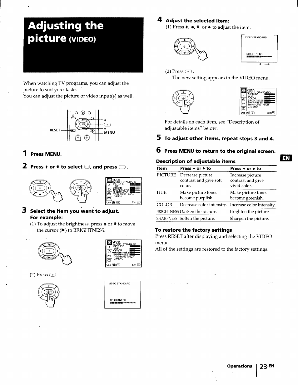 Adjusting the picture (video), 1 press menu, 2 press 4 or 'f to select спб, and press | 3 select the item you want to adjust, For example, 5 to adjust other items, repeat steps 3 and 4, To restore the factory settings | Sony KP-61S65 User Manual | Page 23 / 82