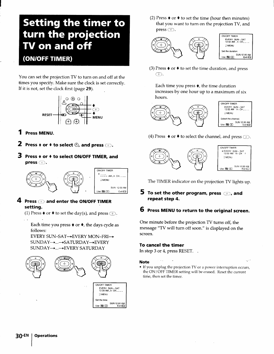 1 press menu, 2 press ♦ or ♦ to select ©, and press gd, 4 press gd and enter the on/off timer setting | 6 press menu to return to the original screen, To cancel the timer, Note, On/off timer) | Sony KP-61S65 User Manual | Page 30 / 82