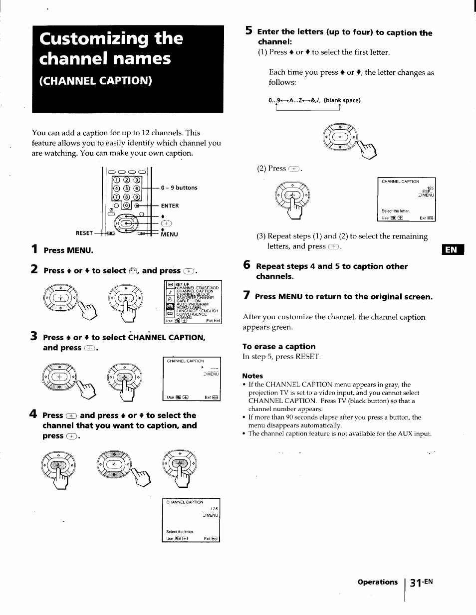 Customizing the channel names, Notes, Channel caption) | Sony KP-61S65 User Manual | Page 31 / 82