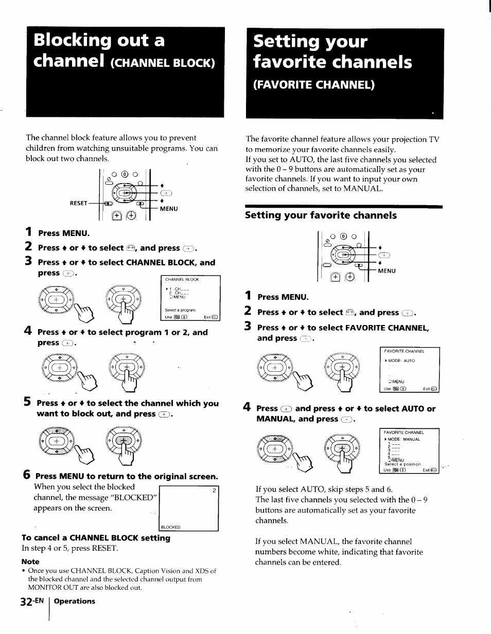 Blocking out a channel (channel block), Setting your favorite channels, Note | Blocking out a channel, Favorite channel) | Sony KP-61S65 User Manual | Page 32 / 82