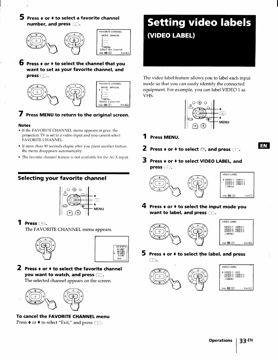Selecting your favorite channel, Setting video labels, Video label) | Sony KP-61S65 User Manual | Page 33 / 82