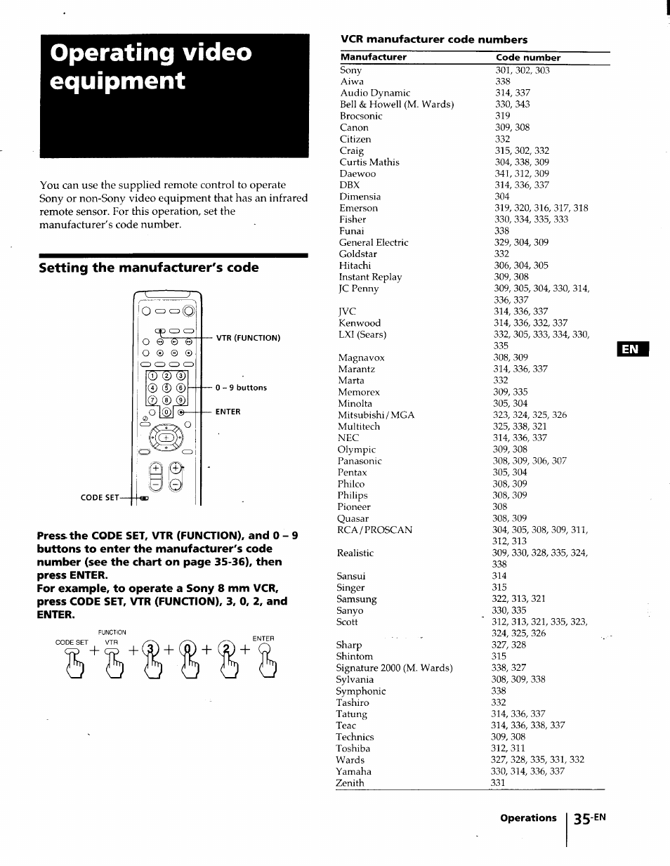 Operating video equipment, Setting the manufacturer's code | Sony KP-61S65 User Manual | Page 35 / 82