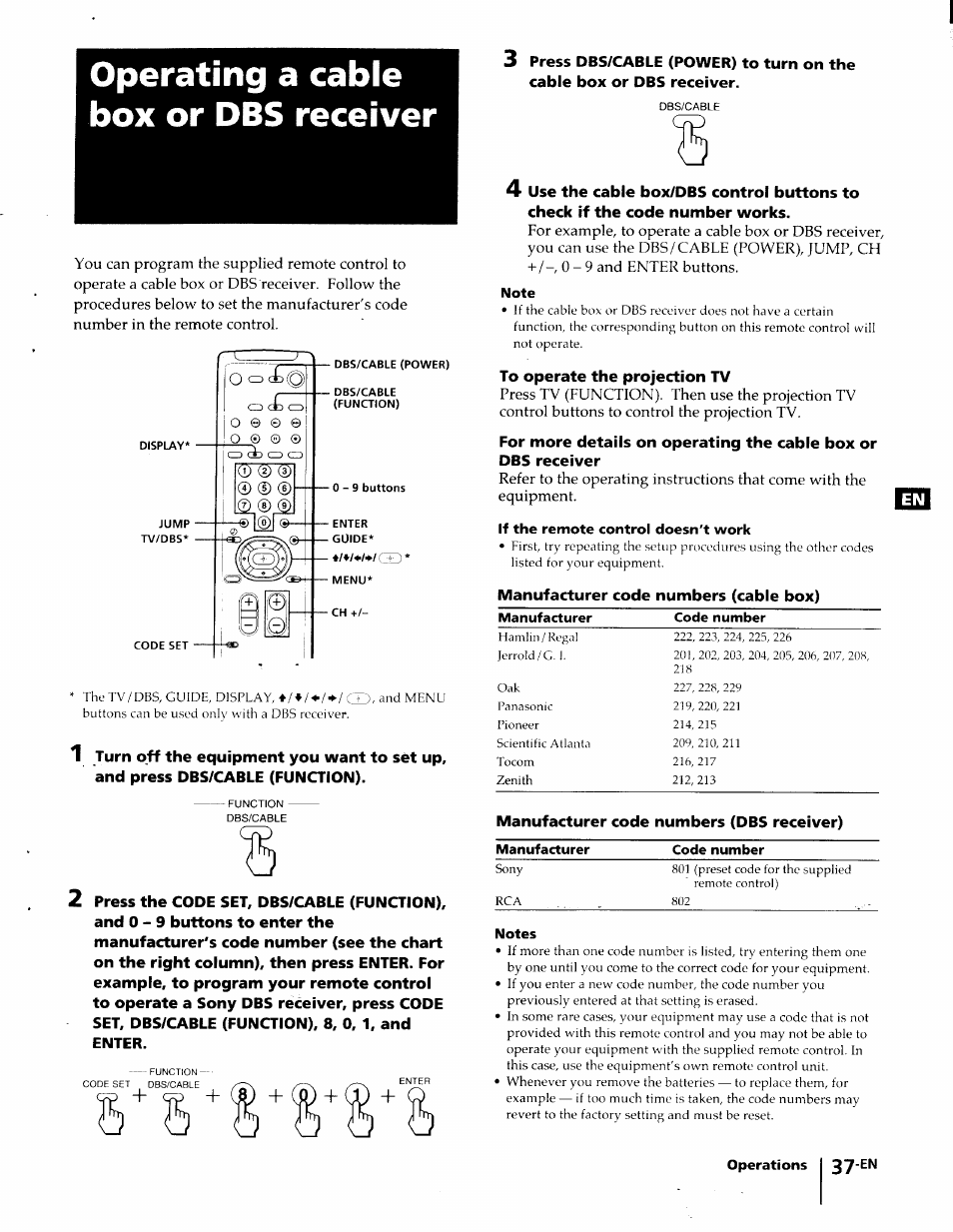 Operating a cable box or dbs receiver, Note, If the remote control doesn't work | Notes | Sony KP-61S65 User Manual | Page 37 / 82