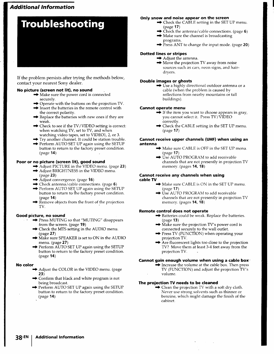 Troubleshooting, No picture (screen not lit), no sound, Poor or no picture (screen lit), good sound | Good picture, no sound, Only snow and noise appear on the screen, Dotted lines or stripes, Double images or ghosts, Cannot operate menu, Cannot receive upper channels (uhf) when using an, Antenna | Sony KP-61S65 User Manual | Page 38 / 82