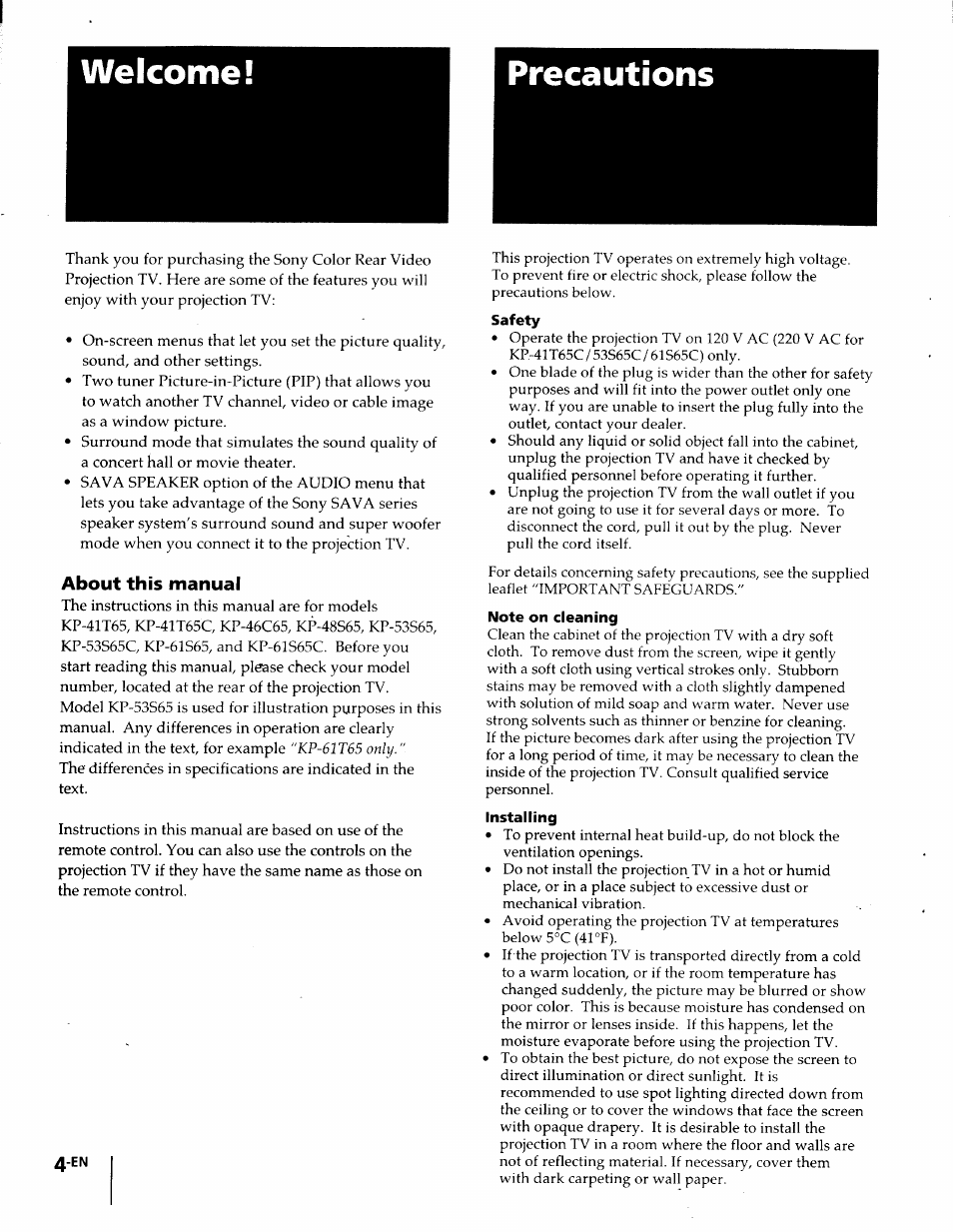 Precautions, About this manual, Safety | Note on cleaning, Installing, Welcome! precautions | Sony KP-61S65 User Manual | Page 4 / 82
