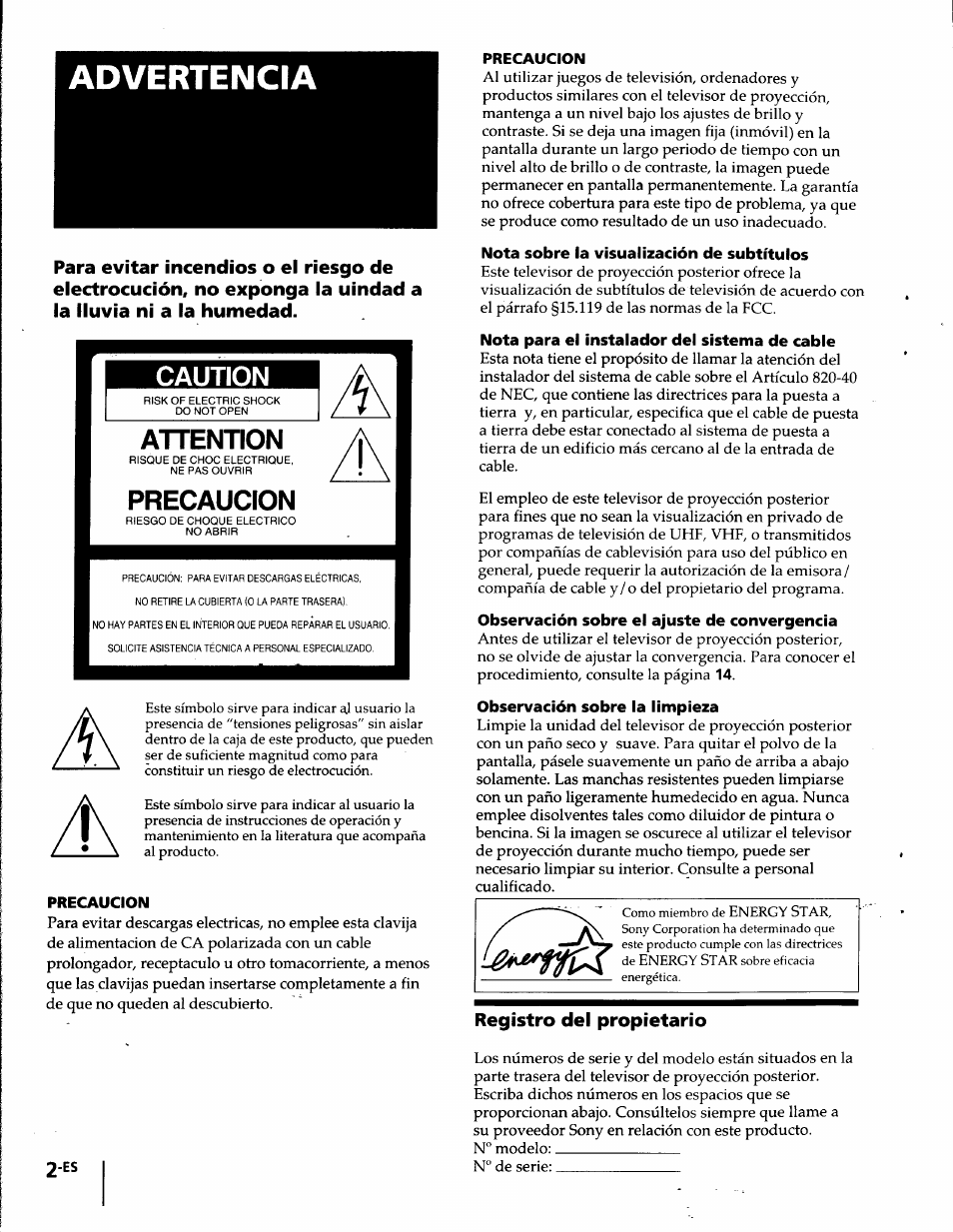 Precaucion, Nota sobre la visualización de subtítulos, Nota para el instalador del sistema de cable | Observación sobre el ajuste de convergencia, Observación sobre la limpieza, Registro del propietario, Advertencia | Sony KP-61S65 User Manual | Page 43 / 82