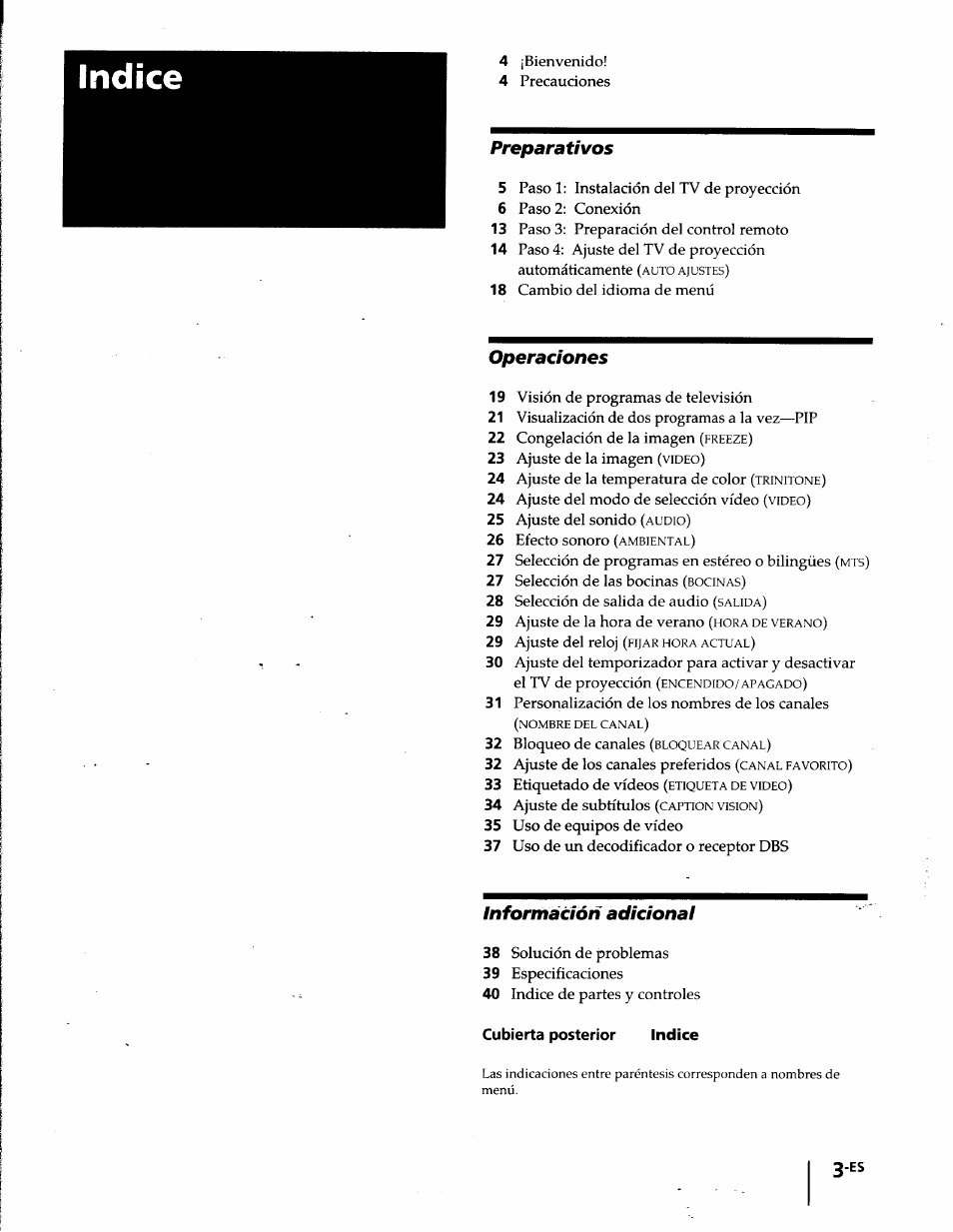 Cubierta posterior indice, Indice, Preparativos | Operaciones, Información adicional | Sony KP-61S65 User Manual | Page 44 / 82