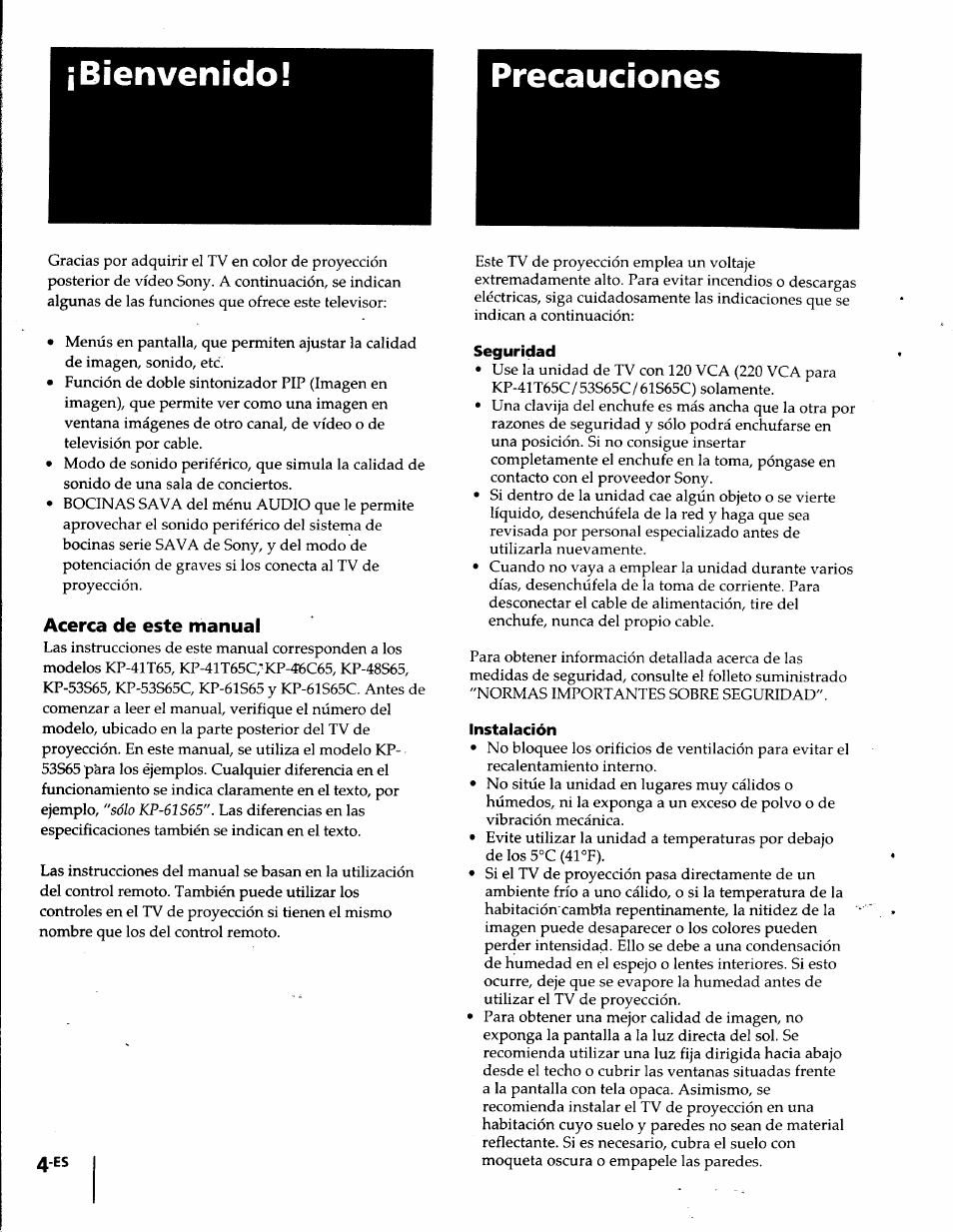 Bienvenido, Precauciones, Acerca de este manual | Seguridad, Instalación, Bienvenido! precauciones | Sony KP-61S65 User Manual | Page 45 / 82