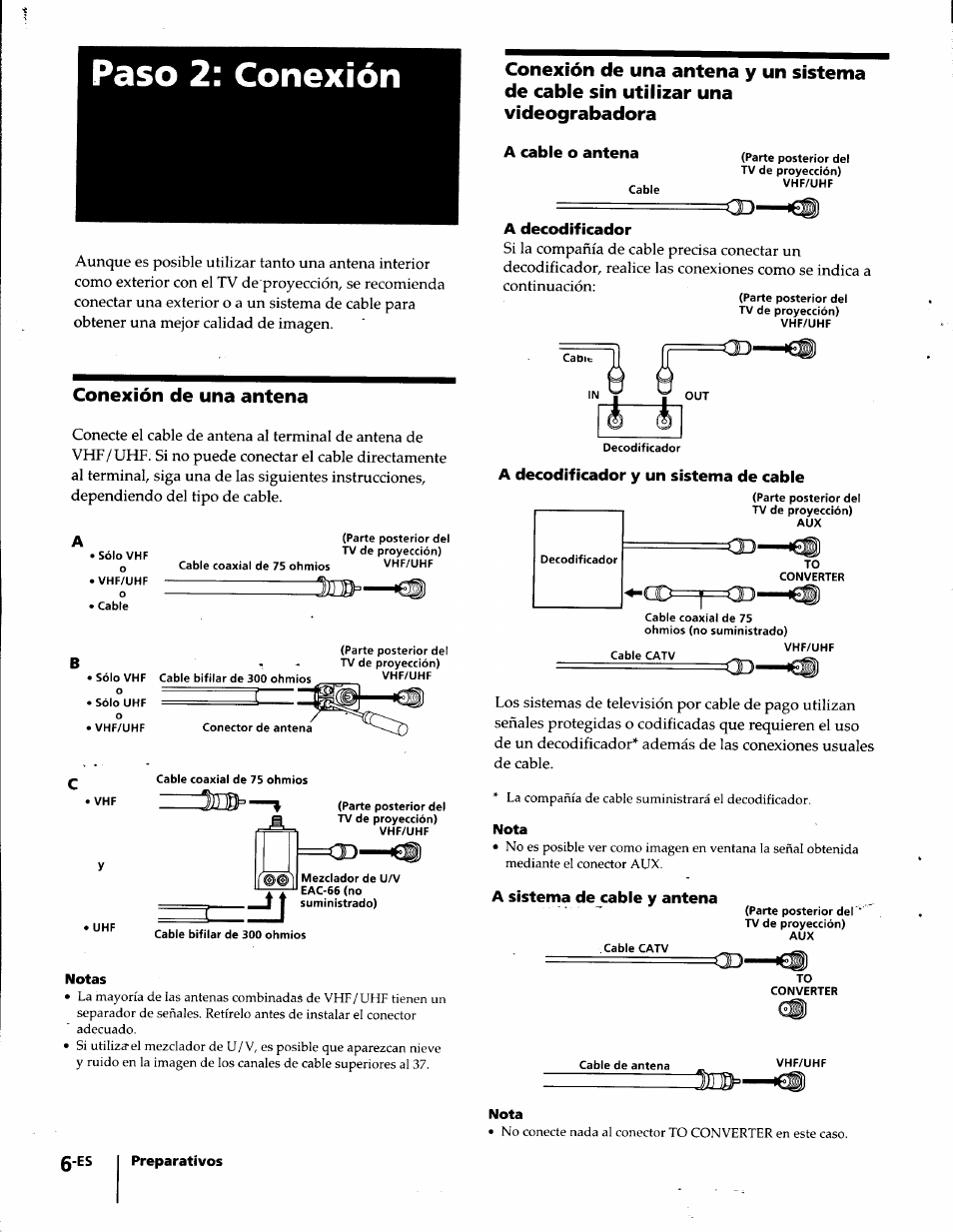 Paso 2: conexión, Conexión de una antena, Notas | A cable o antena, A decodificador, A decodificador y un sistema de cable, Nota, A sistema de cable y antena | Sony KP-61S65 User Manual | Page 47 / 82