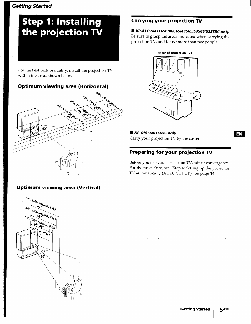 Step 1: installing the projection tv, Optimum viewing area (horizontal), Carrying your projection tv | Preparing for your projection tv, Optimum viewing area (vertical) | Sony KP-61S65 User Manual | Page 5 / 82