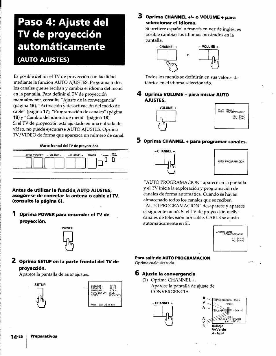 Para salir de auto programacion, Auto ajustes) | Sony KP-61S65 User Manual | Page 55 / 82