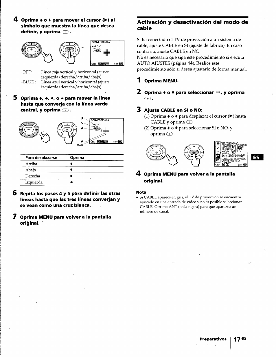 Activación y desactivación del modo de cable, Nota | Sony KP-61S65 User Manual | Page 58 / 82