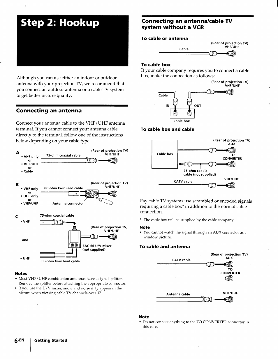 Step 2: hookup, To cable or antenna, Connecting an antenna | Notes, To cable box, To cable box and cable, Note, To cable and antenna | Sony KP-61S65 User Manual | Page 6 / 82