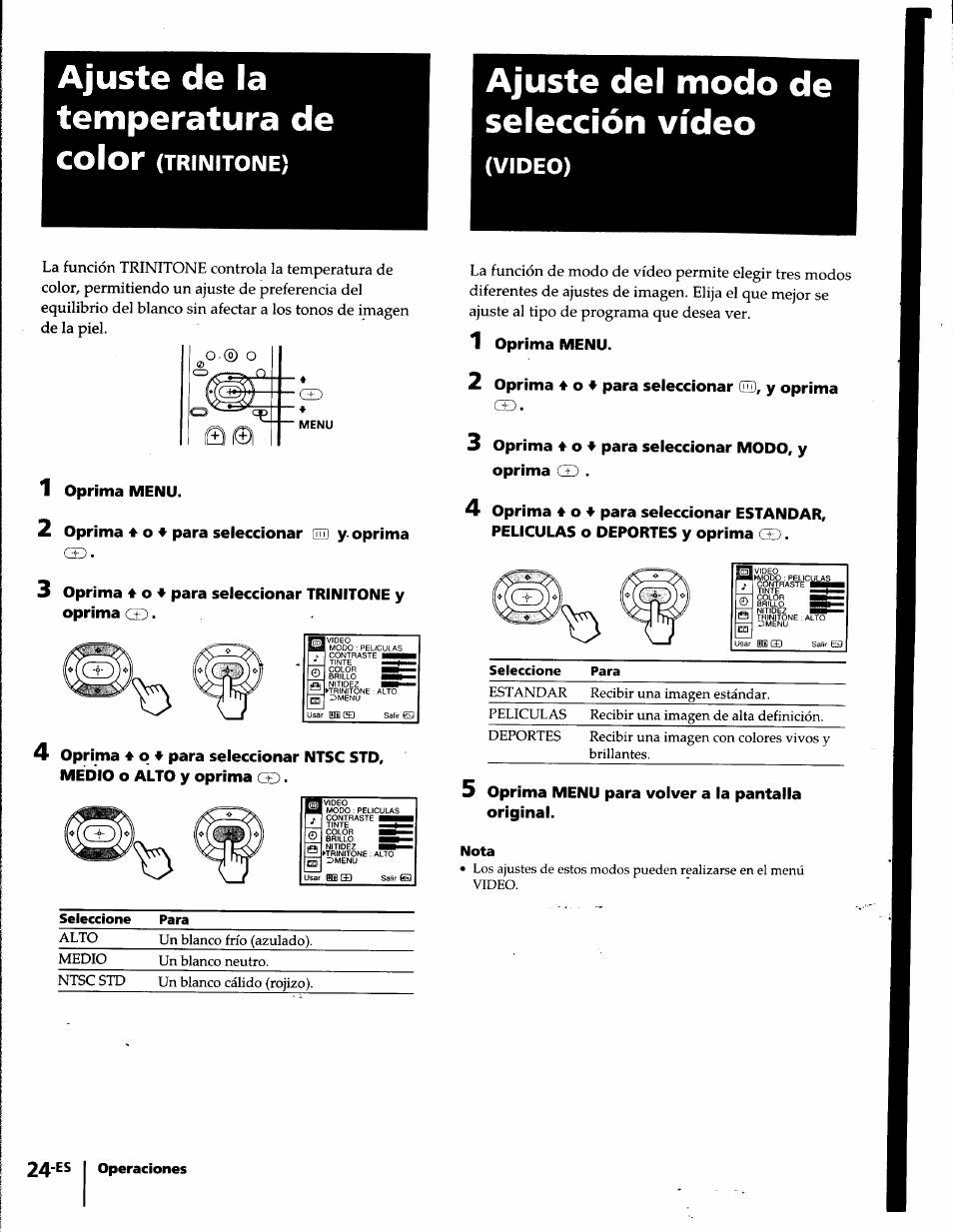 Ajuste del modo de selección vídeo, Nota, Ajuste de la temperatura de color | 1 oprima menu. i2 oprima, 4^ para seleccionar (tei y- oprima, 3 oprima 4 o para seleccionar trinitone y oprima, 4 oprima 4, 4 para seleccionar ntsc sto, medio o alto y oprima, 1 oprima menu. 2 oprima, Para seleccionar | Sony KP-61S65 User Manual | Page 65 / 82