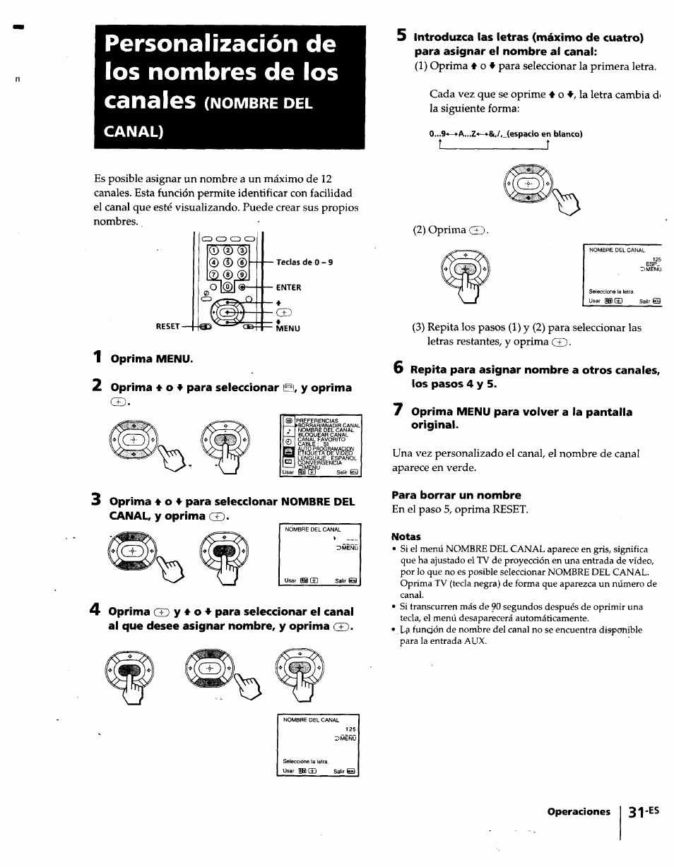 Notas, Personalización de los nombres de los canales, Canal) | Sony KP-61S65 User Manual | Page 72 / 82