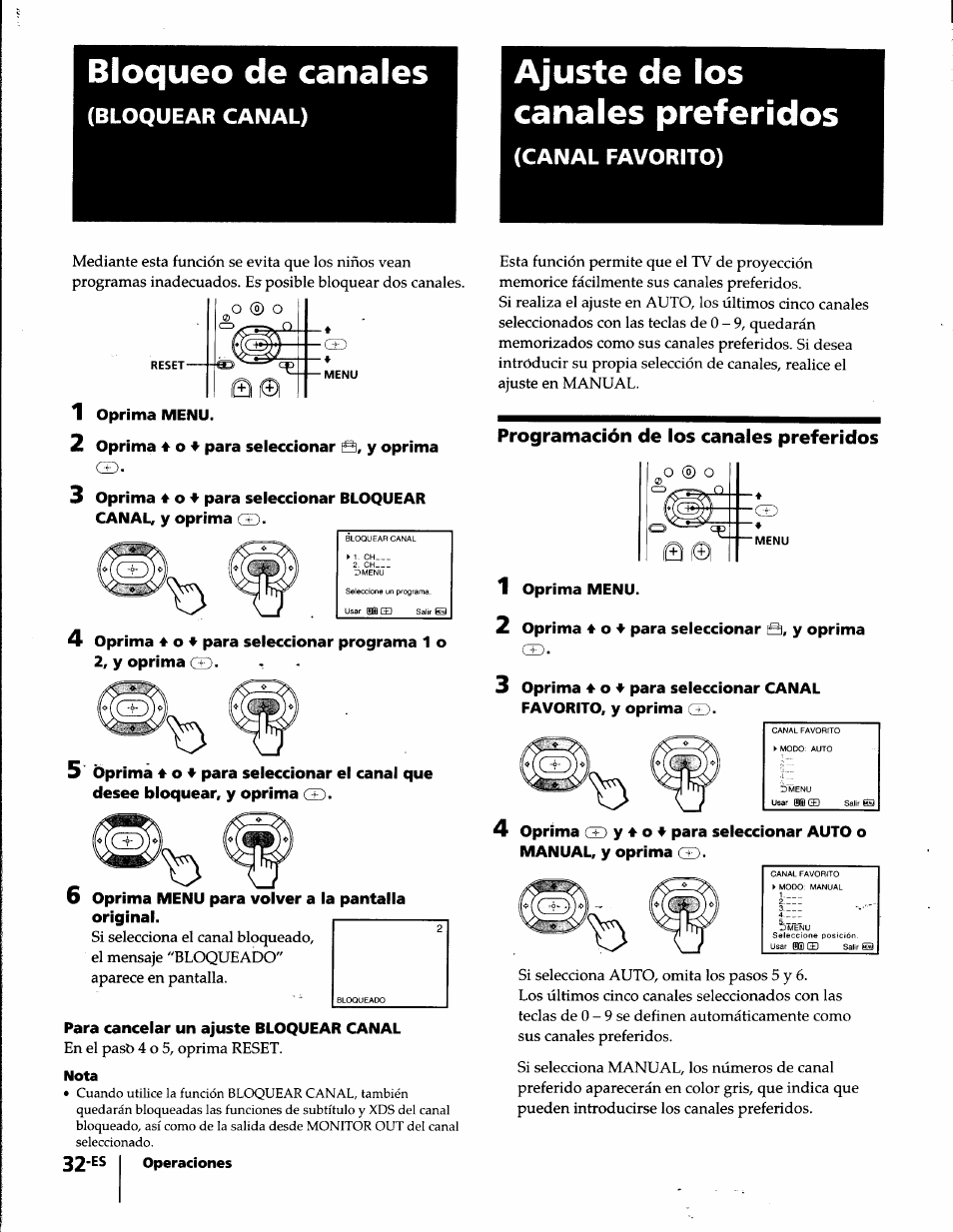Bloqueo de canales, Ajuste de los canales preferidos, Nota | Programación de los canales preferidos, Bloquear canal), Canal favorito) | Sony KP-61S65 User Manual | Page 73 / 82