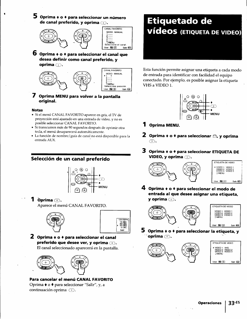 Notas, Etiquetado de, Selección de un canal preferido | Etiquetado de vídeos, Etiqueta de video) | Sony KP-61S65 User Manual | Page 74 / 82