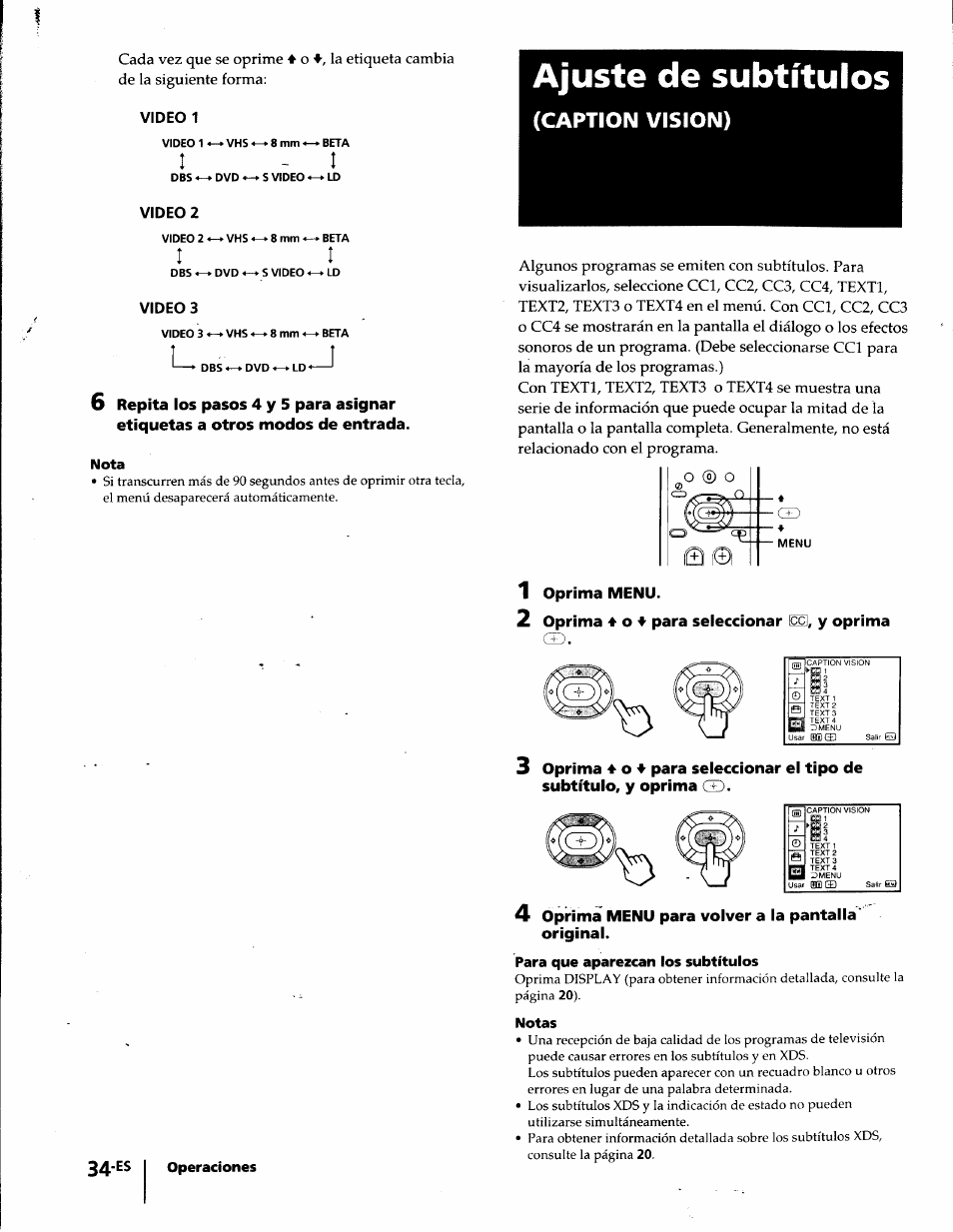 Video 1, Ajuste de subtítulos, Nota | Y oprima, 4 oprima menu para volver a la pantalla' original, Para que aparezcan los subtítulos, Notas, Caption vision) | Sony KP-61S65 User Manual | Page 75 / 82
