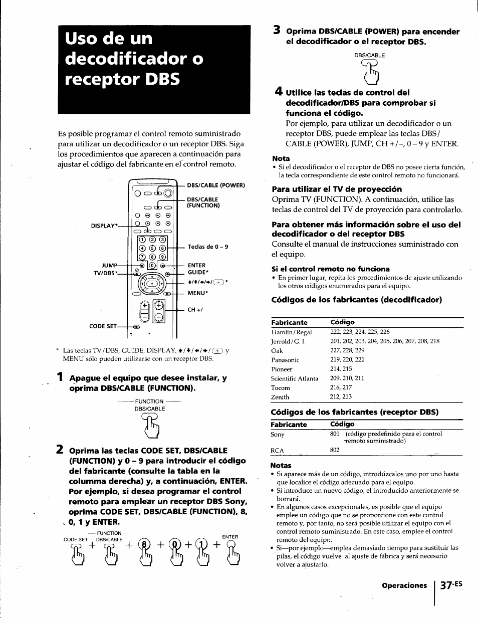 Uso de un decodificador o receptor dbs, Nota, Si el control remoto no funciona | Notas | Sony KP-61S65 User Manual | Page 78 / 82