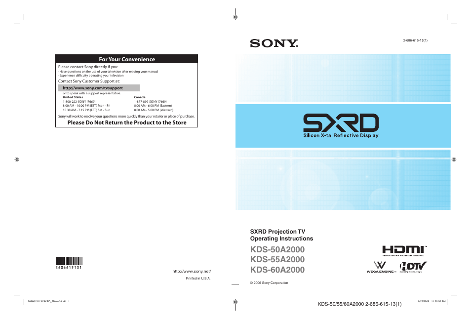 Sony KDS-50A2000 User Manual | 67 pages