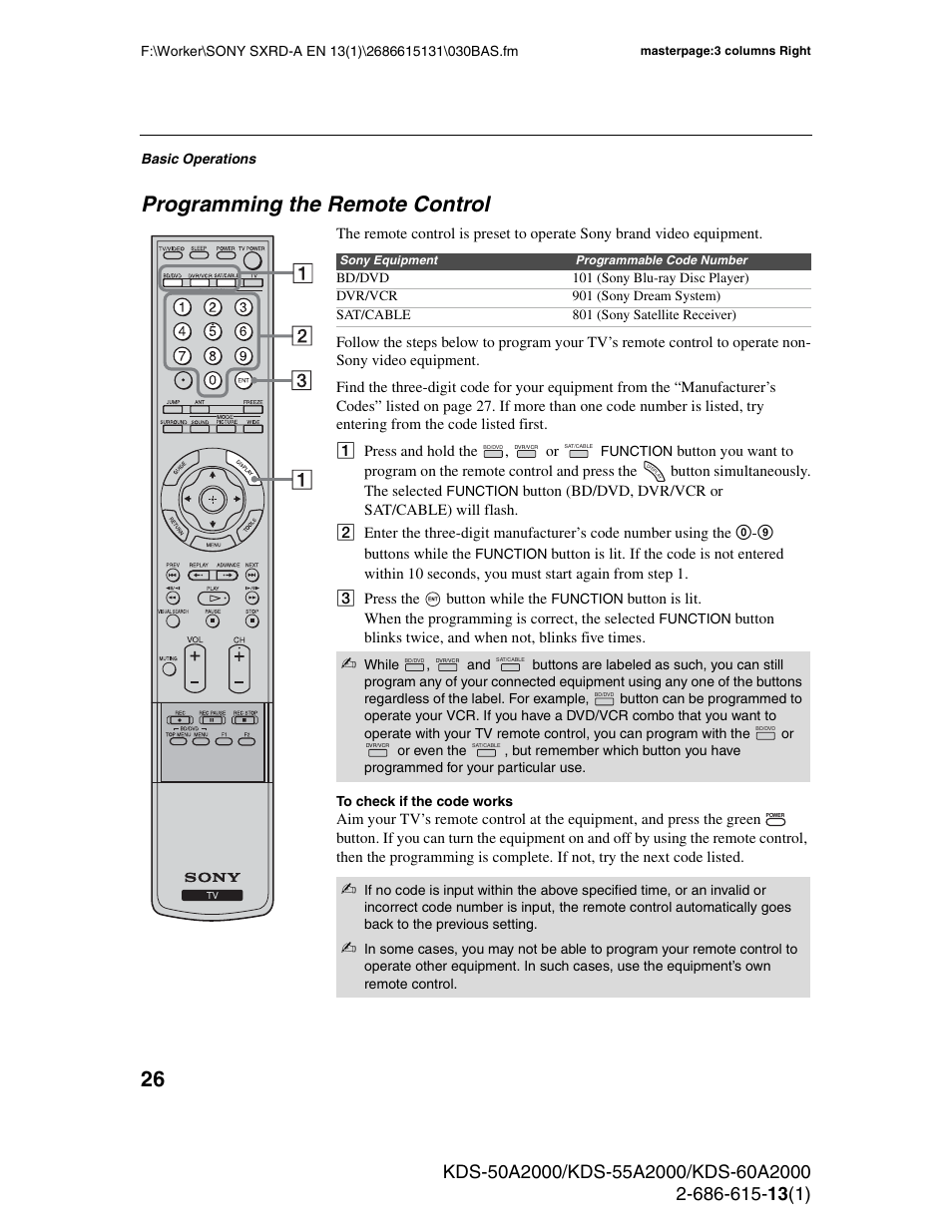 Programming the remote control | Sony KDS-50A2000 User Manual | Page 26 / 67