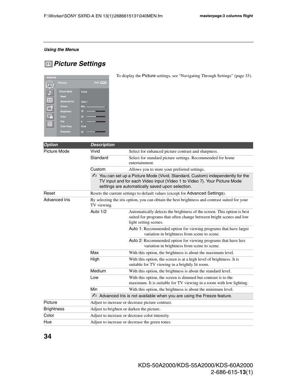 Picture settings | Sony KDS-50A2000 User Manual | Page 34 / 67