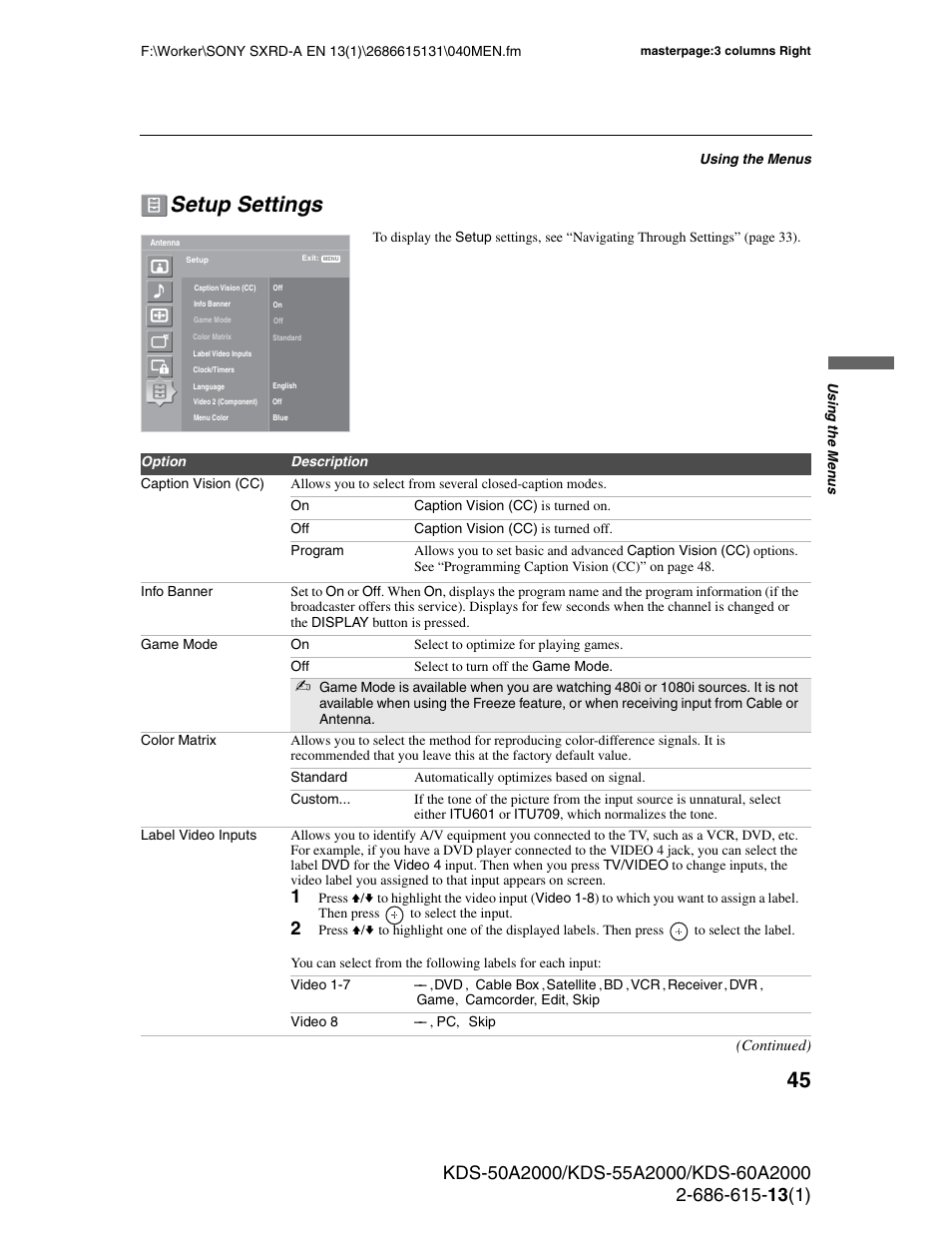 Setup settings | Sony KDS-50A2000 User Manual | Page 45 / 67