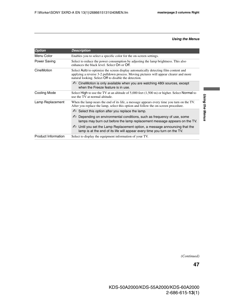 Sony KDS-50A2000 User Manual | Page 47 / 67