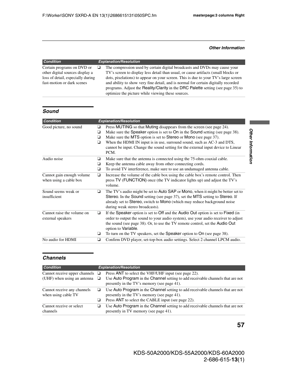 Sound, Channels, Sound channels | Sony KDS-50A2000 User Manual | Page 57 / 67