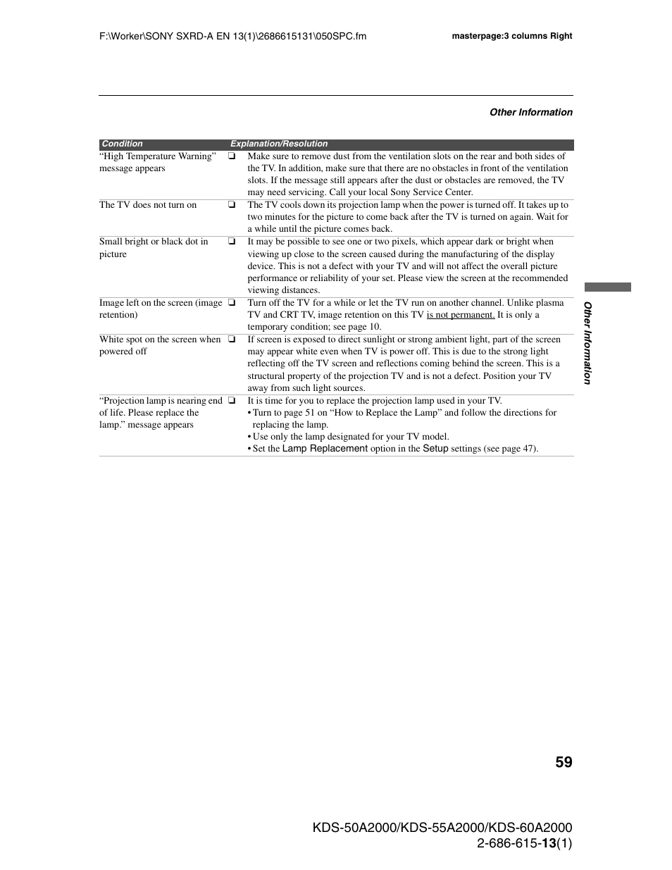 Sony KDS-50A2000 User Manual | Page 59 / 67