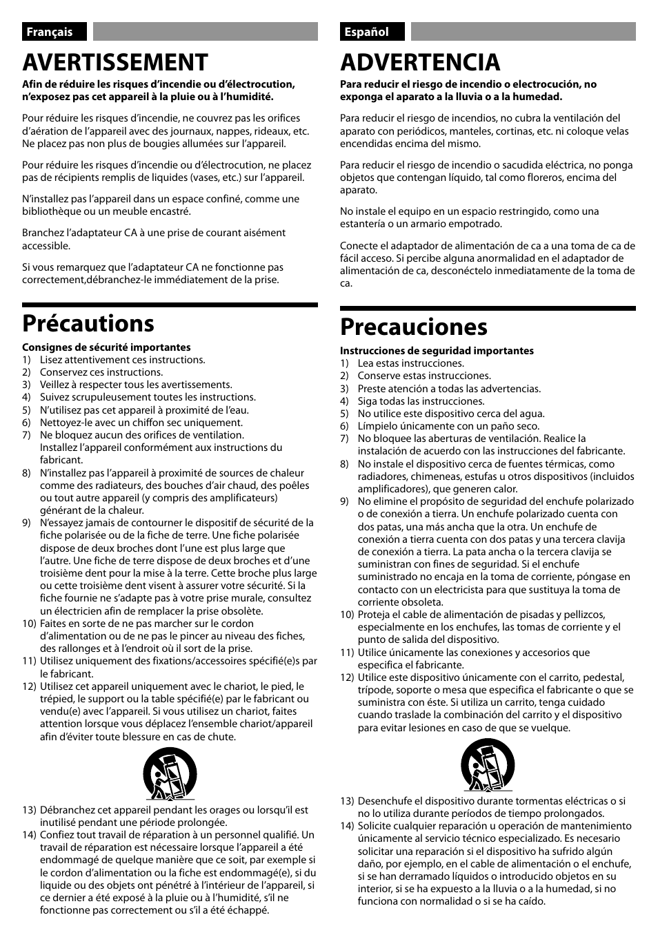 Avertissement, Précautions, Advertencia | Precauciones | Sony MDR-RF985RK User Manual | Page 2 / 2