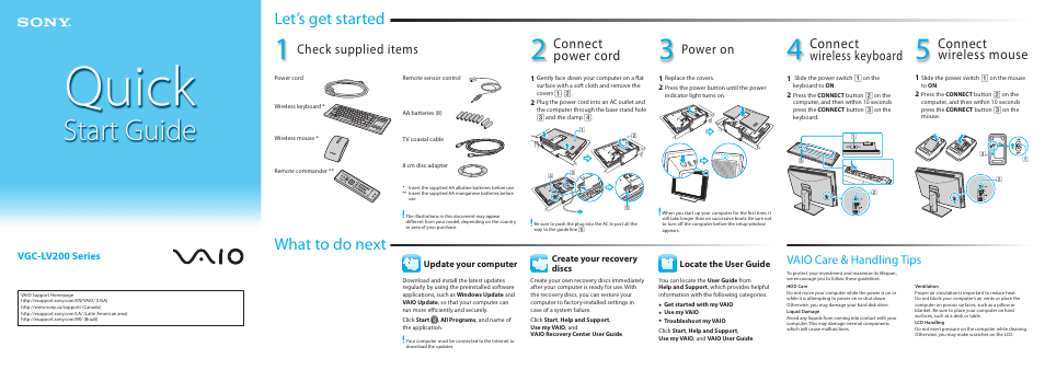 Let’s get started, What to do next, Connect power cord | Connect wireless keyboard, Connect wireless mouse, Check supplied items, Power on, Vaio care & handling tips, Vgc-lv200 series, Update your computer | Sony VGC-LV290J User Manual | Page 2 / 2