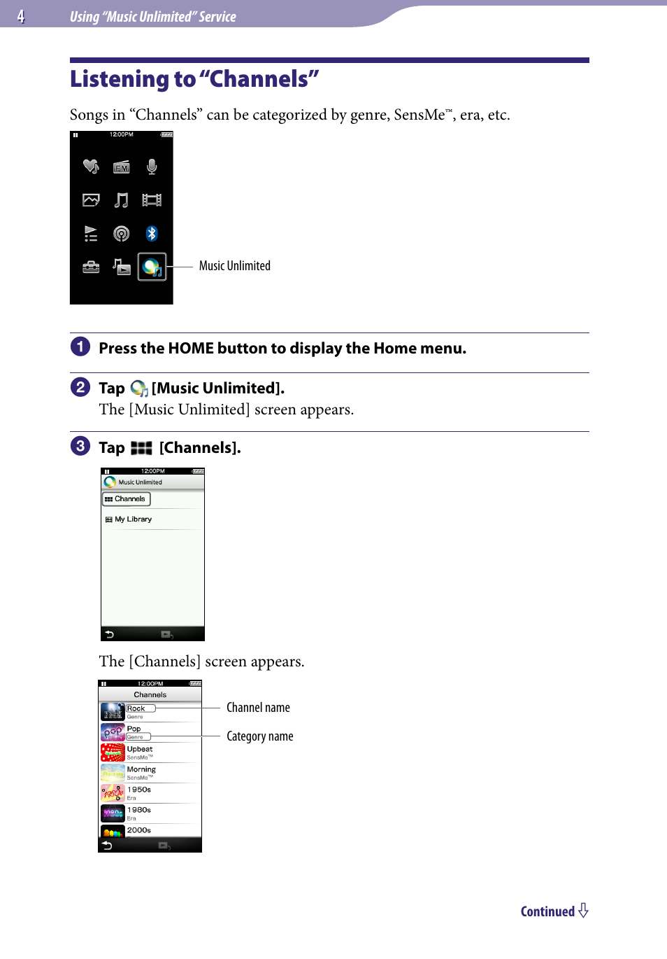 Listening to “channels | Sony NWZ-A864 User Manual | Page 4 / 8