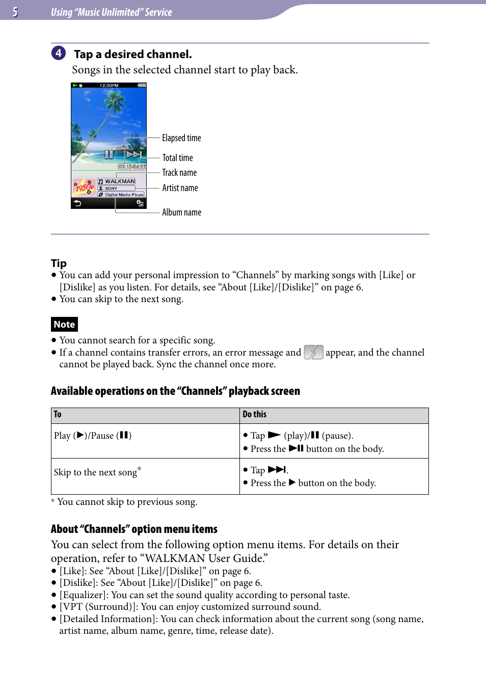About “channels” option menu items | Sony NWZ-A864 User Manual | Page 5 / 8