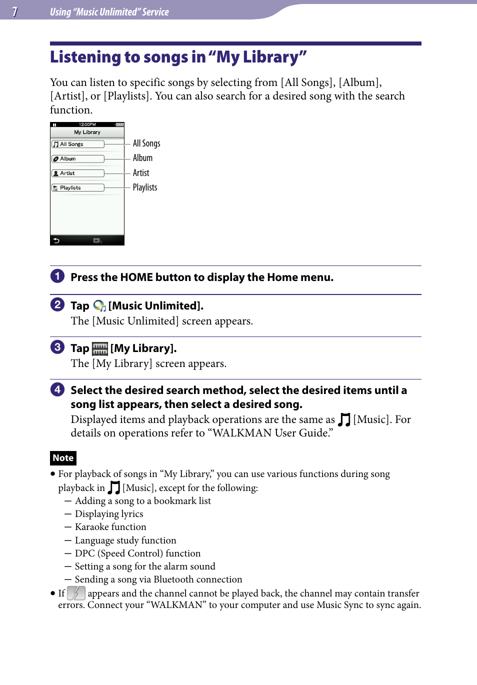 Listening to songs in “my library | Sony NWZ-A864 User Manual | Page 7 / 8