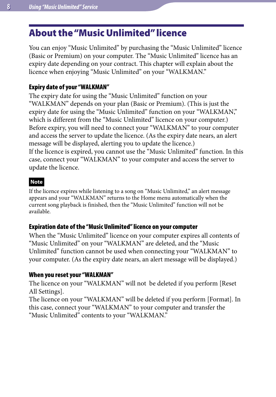 About the “music unlimited” licence | Sony NWZ-A864 User Manual | Page 8 / 8