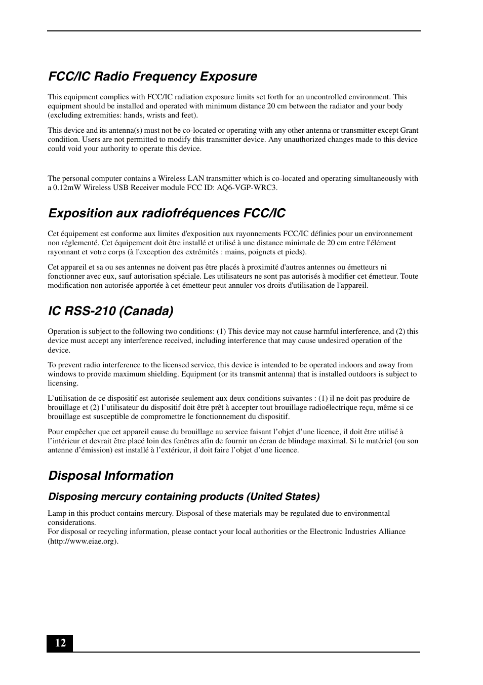 Fcc/ic radio frequency exposure, Exposition aux radiofréquences fcc/ic, Ic rss-210 (canada) | Disposal information | Sony VGC-LT29U User Manual | Page 12 / 20