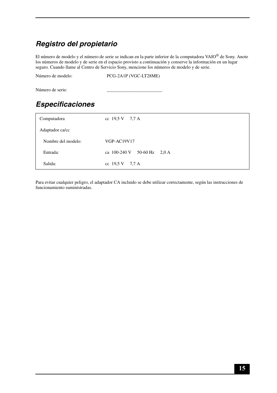 Registro del propietario, Especificaciones | Sony VGC-LT29U User Manual | Page 15 / 20