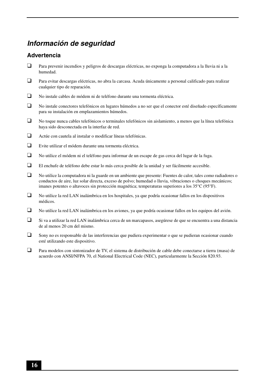 Información de seguridad | Sony VGC-LT29U User Manual | Page 16 / 20