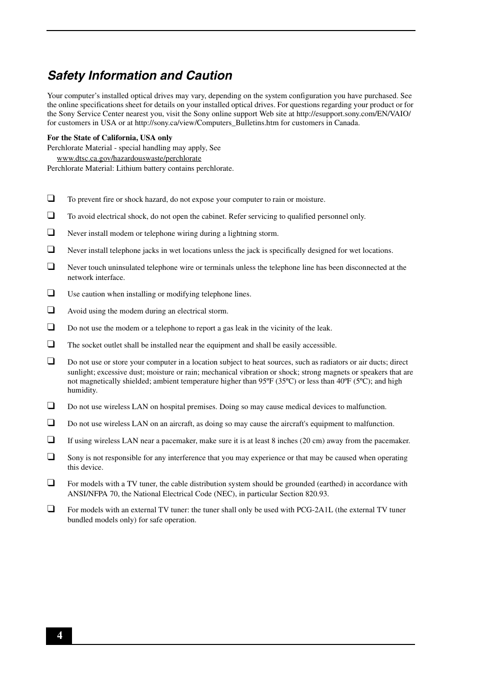 Safety information and caution | Sony VGC-LT29U User Manual | Page 4 / 20