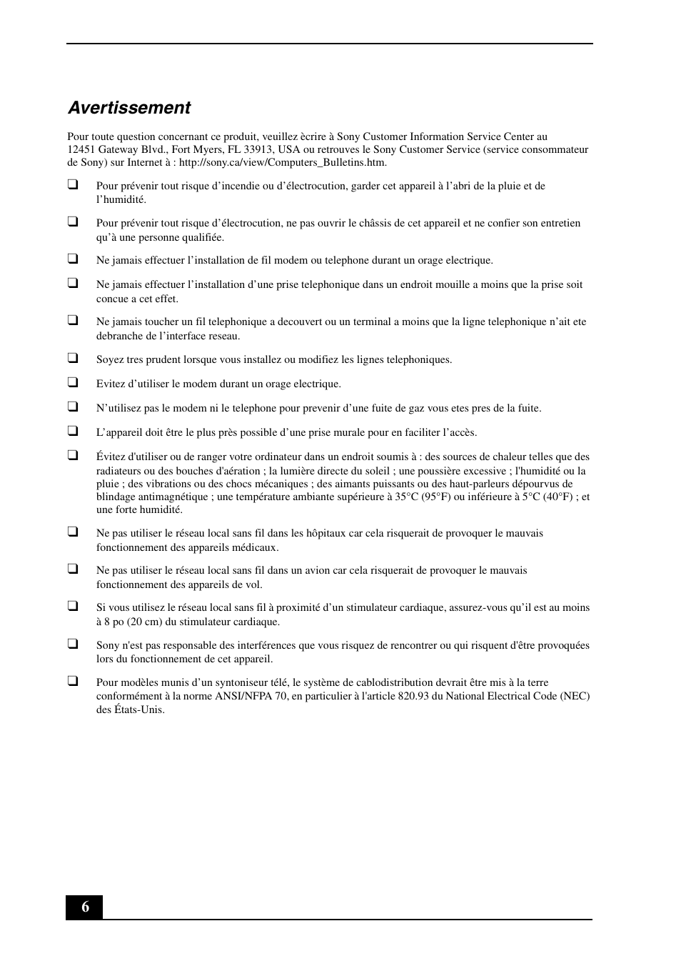 Avertissement | Sony VGC-LT29U User Manual | Page 6 / 20