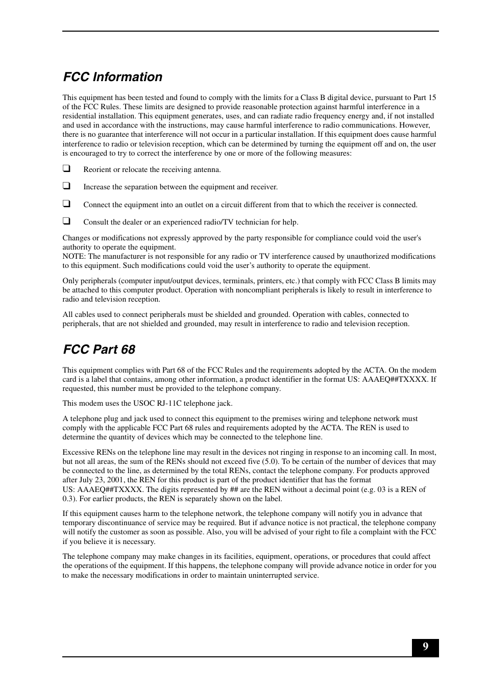 Fcc information, Fcc part 68 | Sony VGC-LT29U User Manual | Page 9 / 20