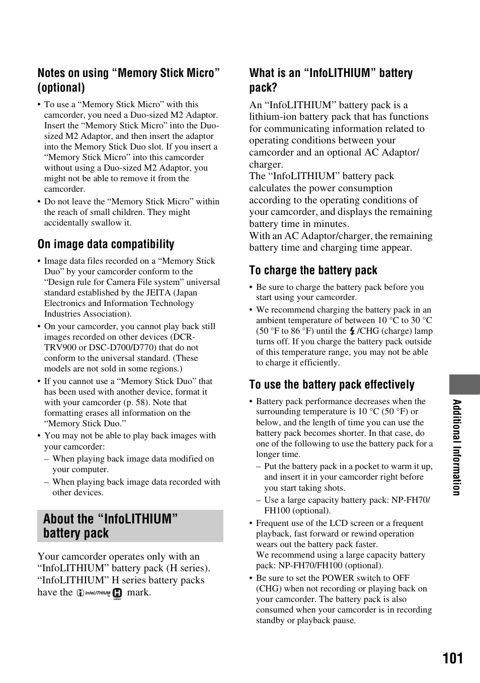 About the “infolithium” battery pack, About the “infolithium” battery, Pack | P. 101), On image data compatibility, What is an “infolithium” battery pack | Sony HDR-SR5 User Manual | Page 101 / 118