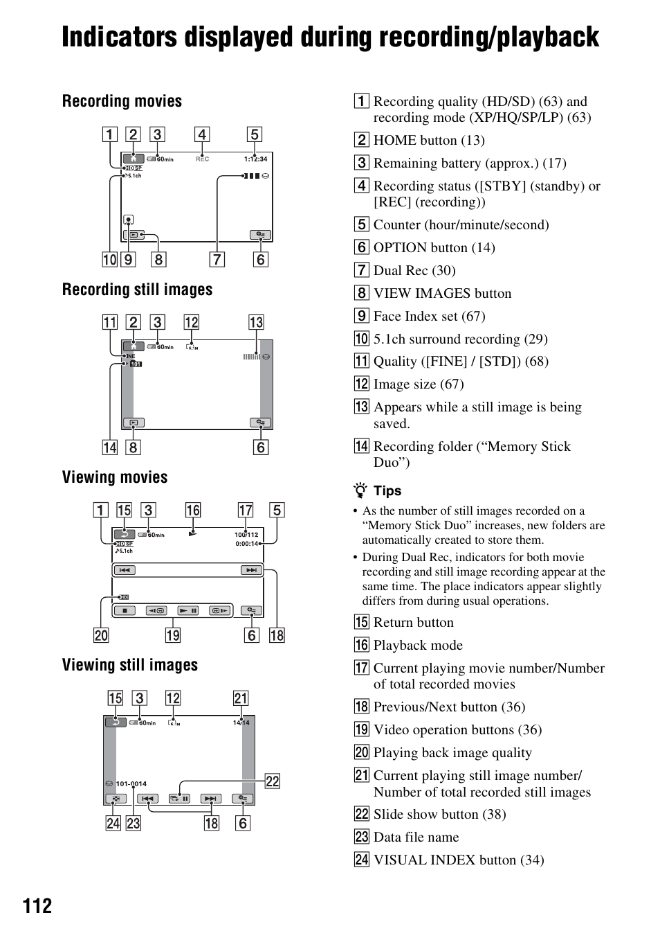 Indicators displayed during recording/playback, Indicators displayed during recording, Playback | Sony HDR-SR5 User Manual | Page 112 / 118