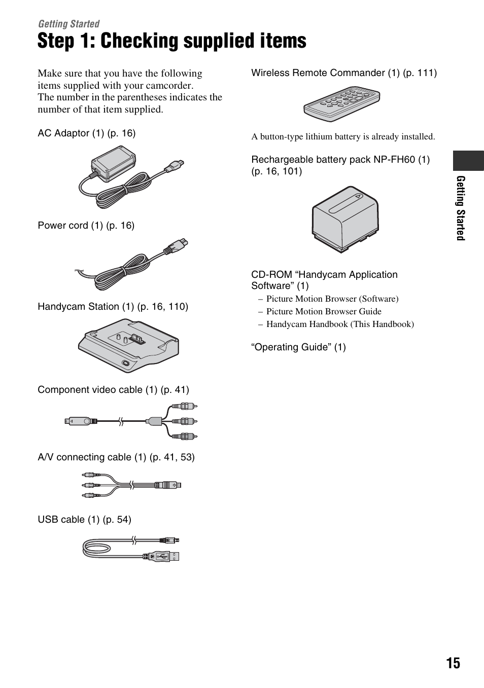 Getting started, Step 1: checking supplied items | Sony HDR-SR5 User Manual | Page 15 / 118