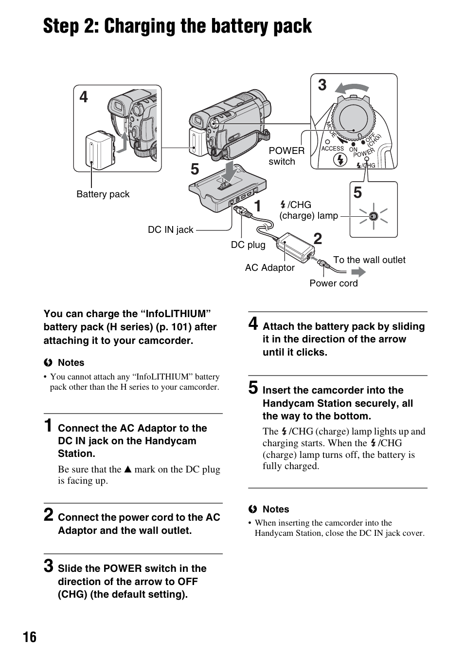 Step 2: charging the battery pack, P. 16), N (1) (p. 16 | P. 16 | Sony HDR-SR5 User Manual | Page 16 / 118