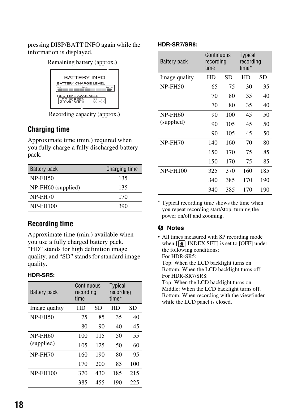 Charging time, Recording time | Sony HDR-SR5 User Manual | Page 18 / 118